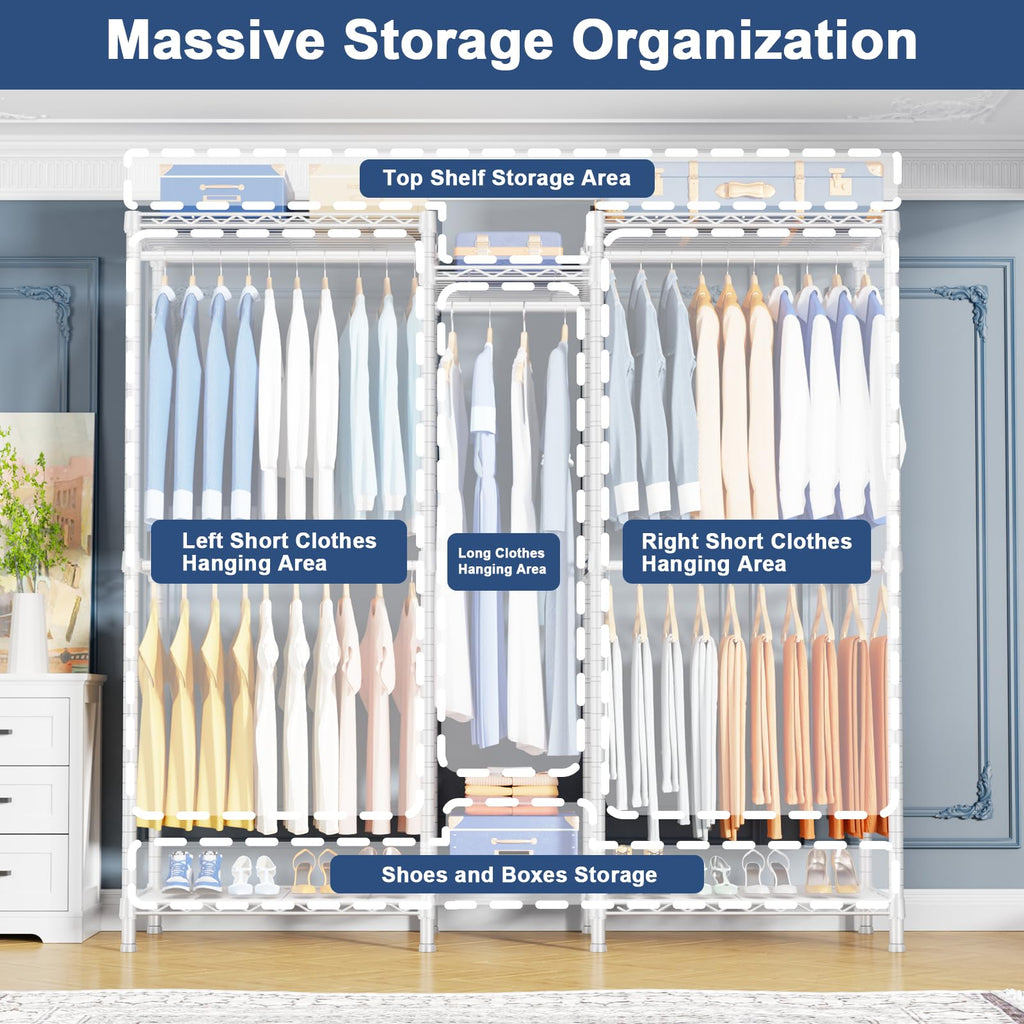 E12 Clothes Rack, Heavy Duty Freestanding Garment Rack with Shelves, Clothing Closet Storage System for Hanging