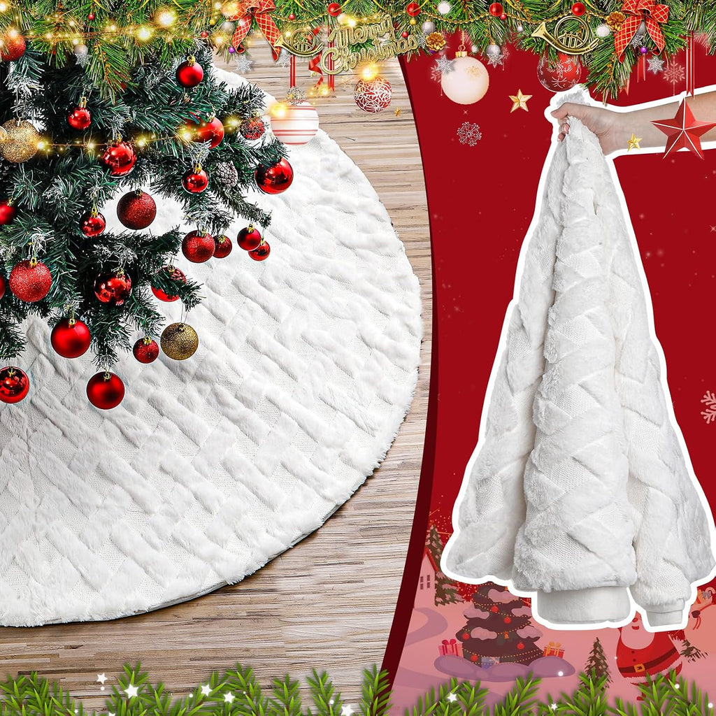 72 Inch Faux Fur White Christmas Tree Skirt for 7.5ft to 12ft Tree with Diamond Textured Pattern Christmas Large Tree