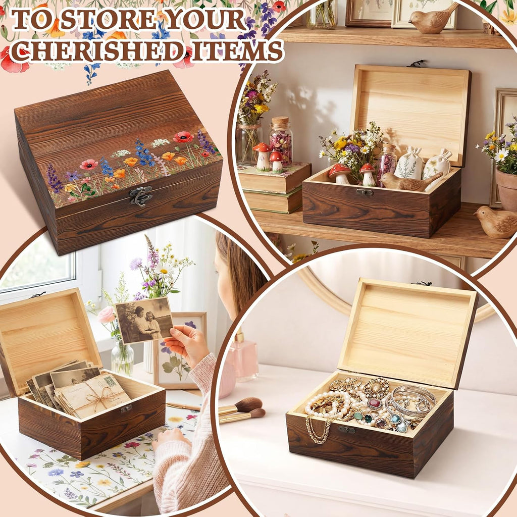 Wedding Wooden Keepsake Box, Flower, Brown, 11.02 x 8.86 x 4.92 Inches