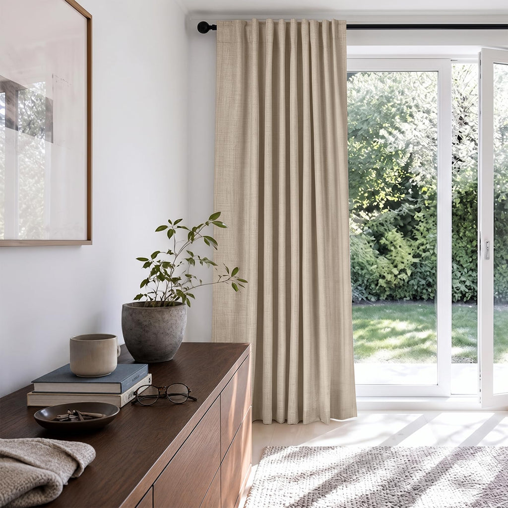 Linen Textured Total Blackout Sliding Door Curtains 84 Inches Long, Oatmeal
