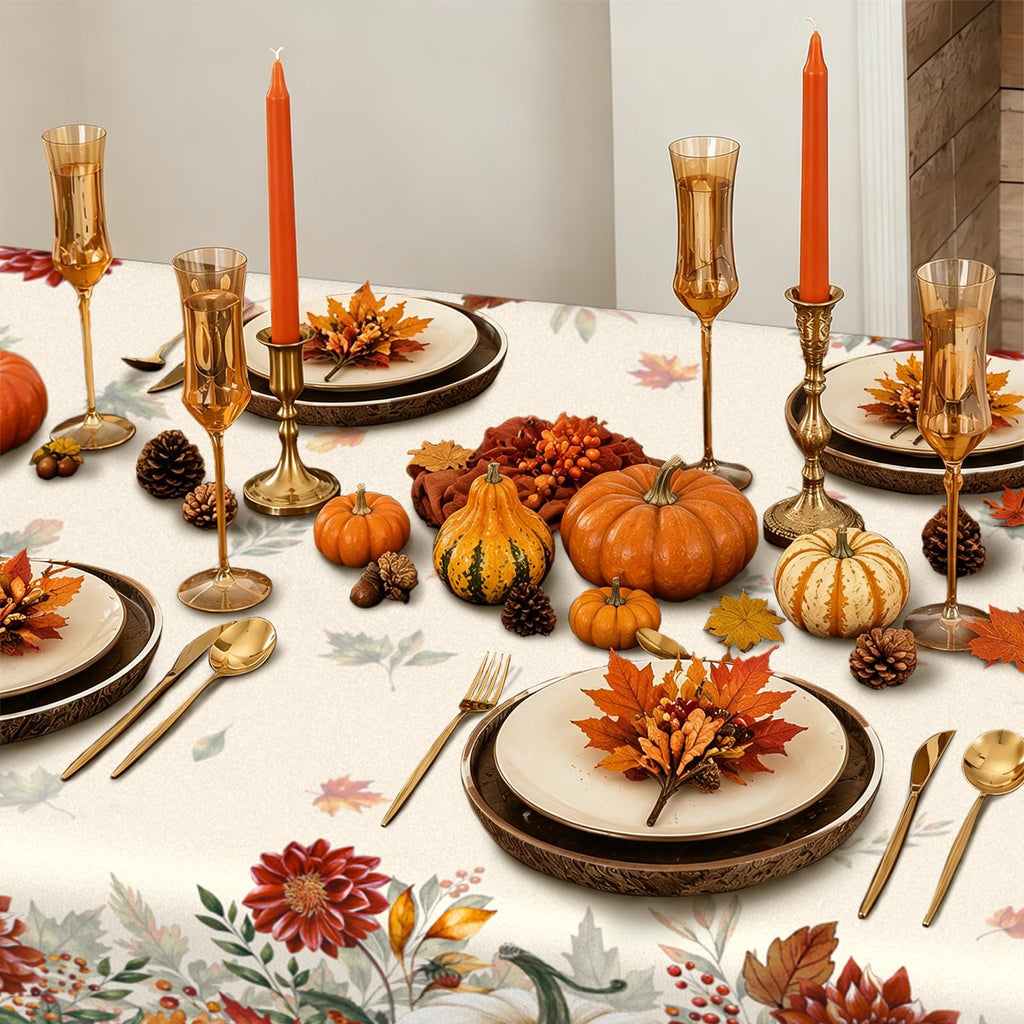 Rectangle Fall Tablecloth 60x84 Inch, Thanksgiving Autumn Harves Pumpkin Flower Table Cloth, Waterproof Wrinkle