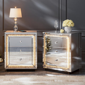 Mirrored Nightstand Set of 2, Wireless Charging Station, LED Light