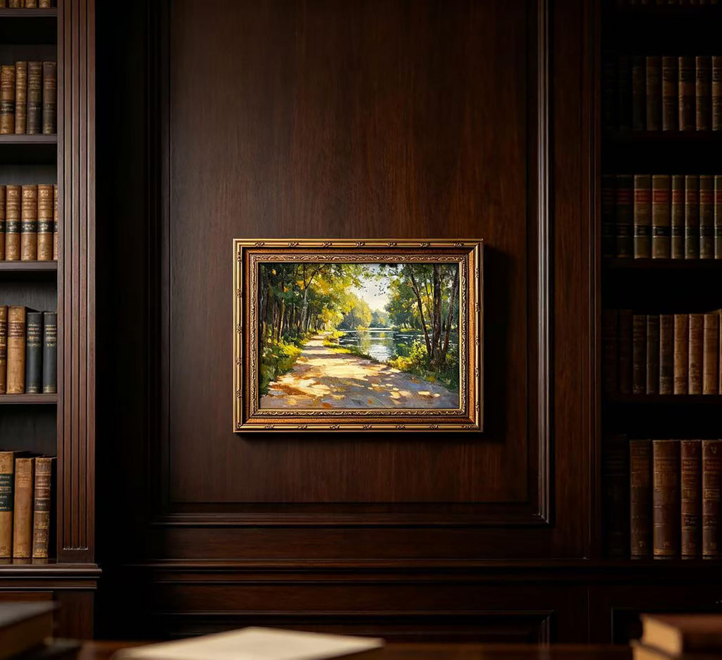 Vintage Gold Framed Canvas Wall Art Sunshine Forest Impressionist Landscape Painting Picture Wall Decor Spring Summer