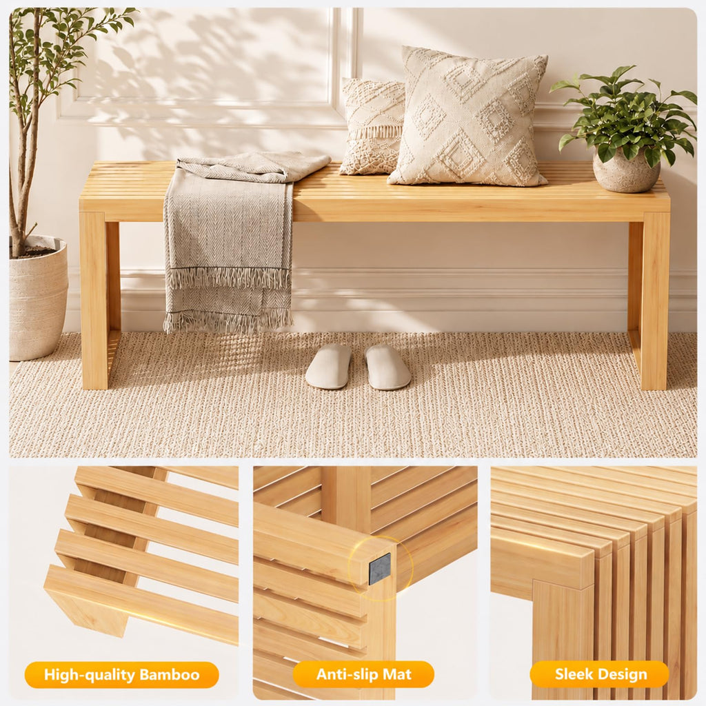 Bamboo Dining Bench, 35'' Slatted Design Entryway Bench, Natural