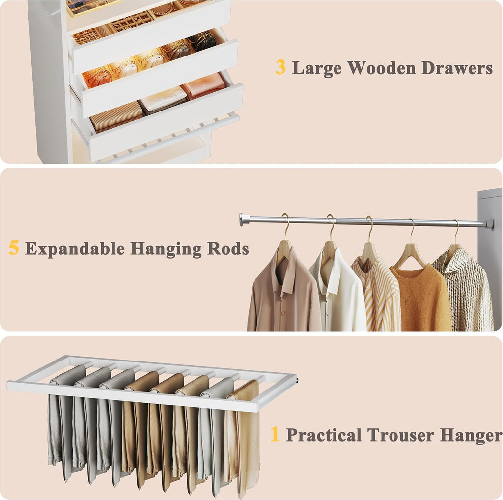 Closet System, 4-8FT Closet Organizer with 3 Wood Drawers & Glass Top, 102'' Walk in Closet with 5 Hang Rods & LED