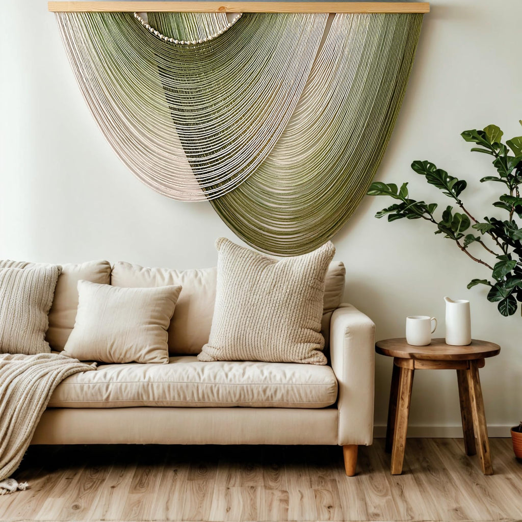 Large Macrame Wall Hanging Boho Wood Ombre Green Dip-Dyed Tapestry