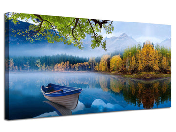 Lake Canvas Wall Art Landscape Blue Boat Painting Framed Large 40x20