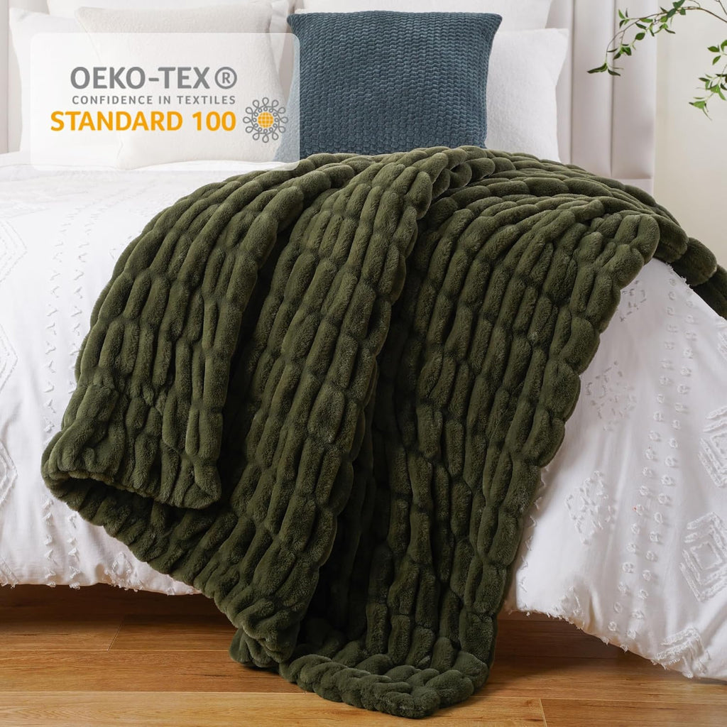 Super Soft Faux Fur Throw Blanket for Couch, 50"x60", Double Side | Olive Green Throw Blanket, Bubble Blanket, Cozy