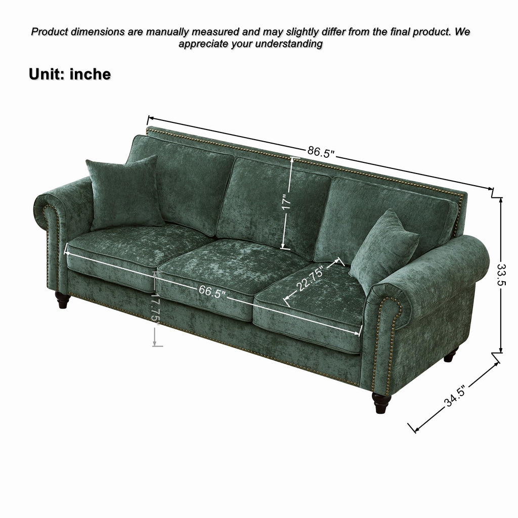 86.5" Chesterfield Sofa with Rolled Arms and Nailhead Trim, Mid-Century Modern Chenille Upholstered 3-Seater Couch