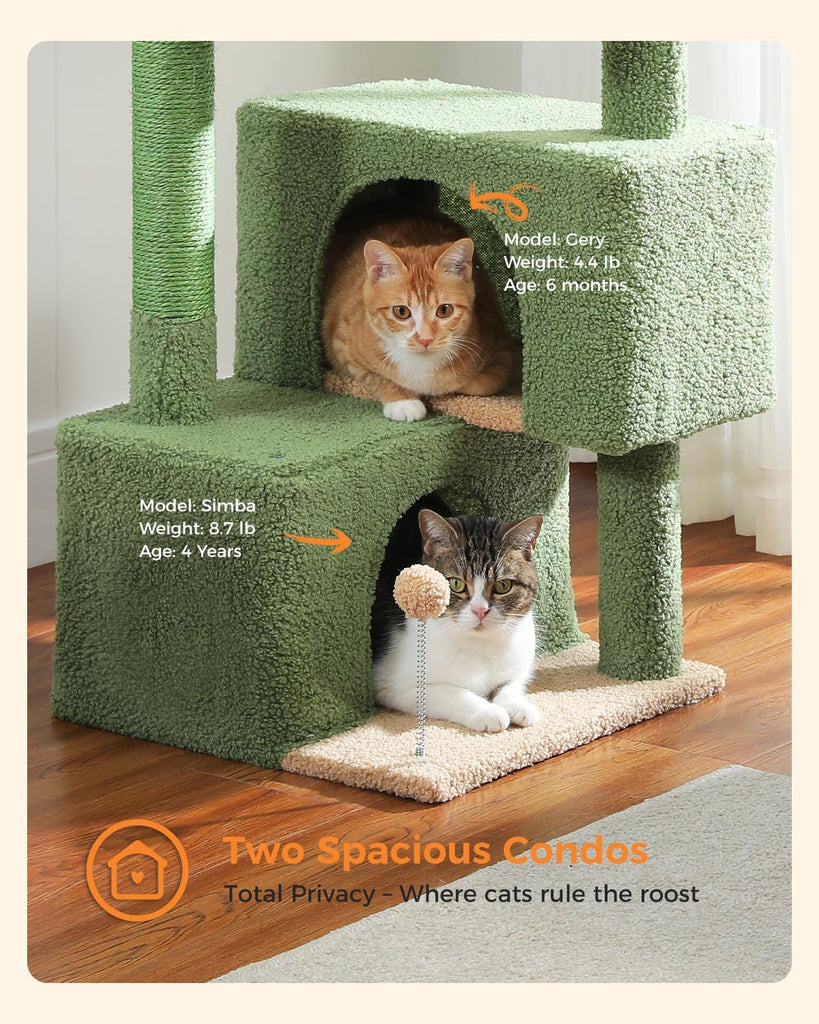 45-Inch Green Cat Tree with 2 Condos for Indoor Cats, Cat Tower with Scratching Posts for Small Cats, Cactus Cat Tree
