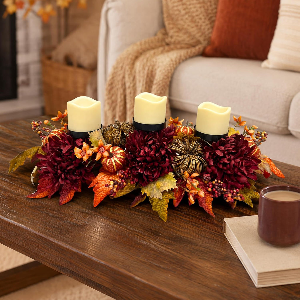 25" Fall Candle Holder Centerpiece with Pumpkins for Thanksgiving