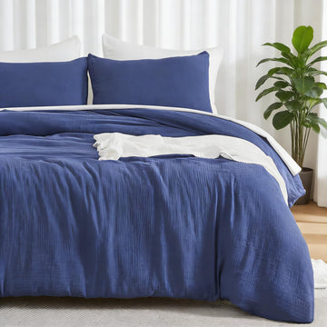 Muslin Cotton Duvet Cover Set Linen Like Navy