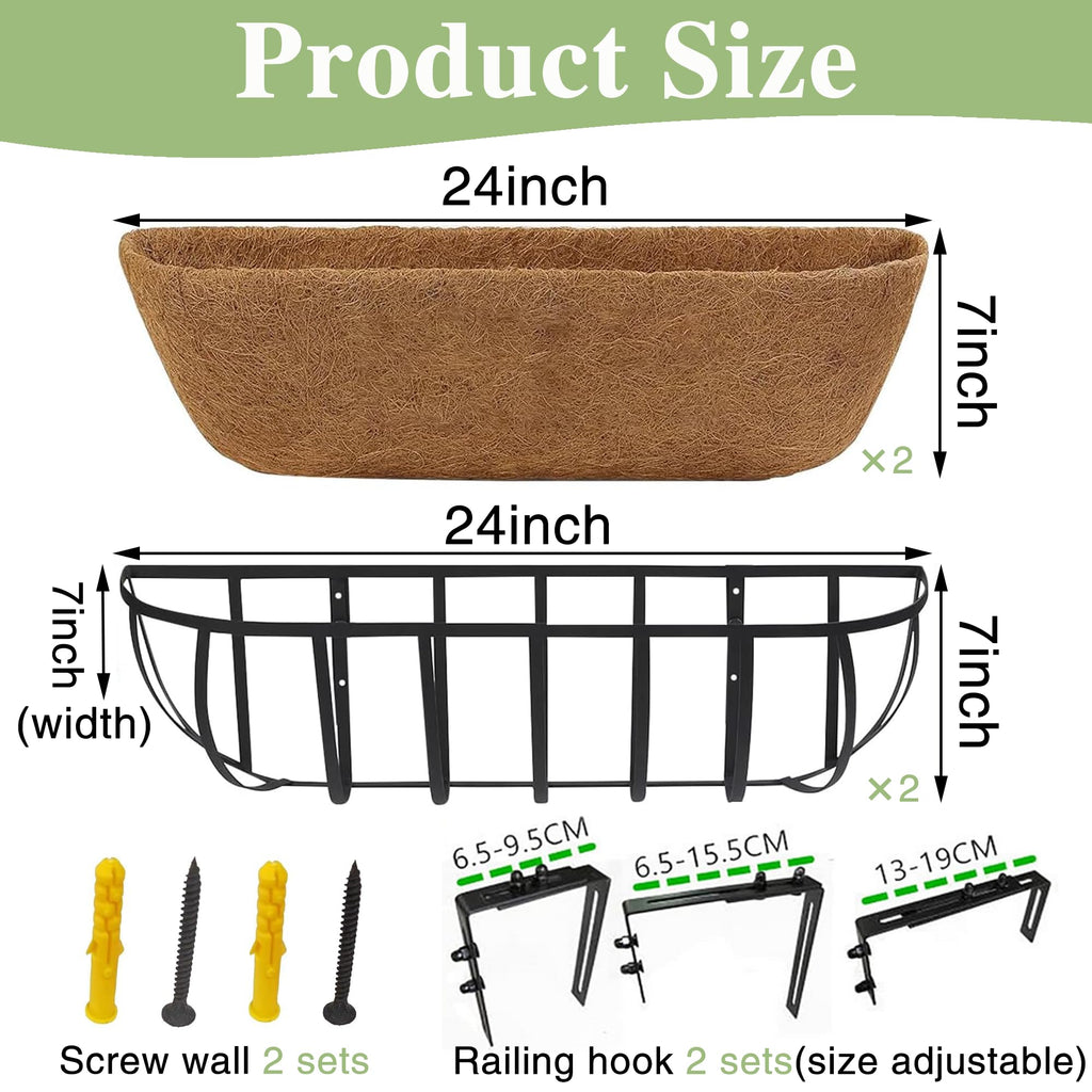 24 Inch Railing Planter Window Box Deck Balcony Rail Planter with Coco Liner Metal Wall-Mounted Coconut Liner Planter