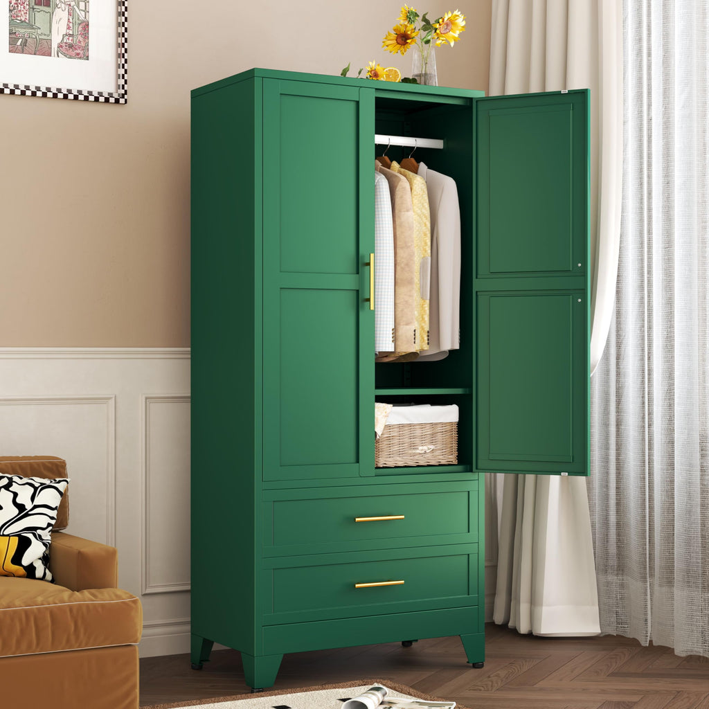 Metal Armoire Wardrobe Closet with 2 Drawers, 71" Wardrobe Cabinet with Adjustable Shelves and Hanging Rod, Clothing