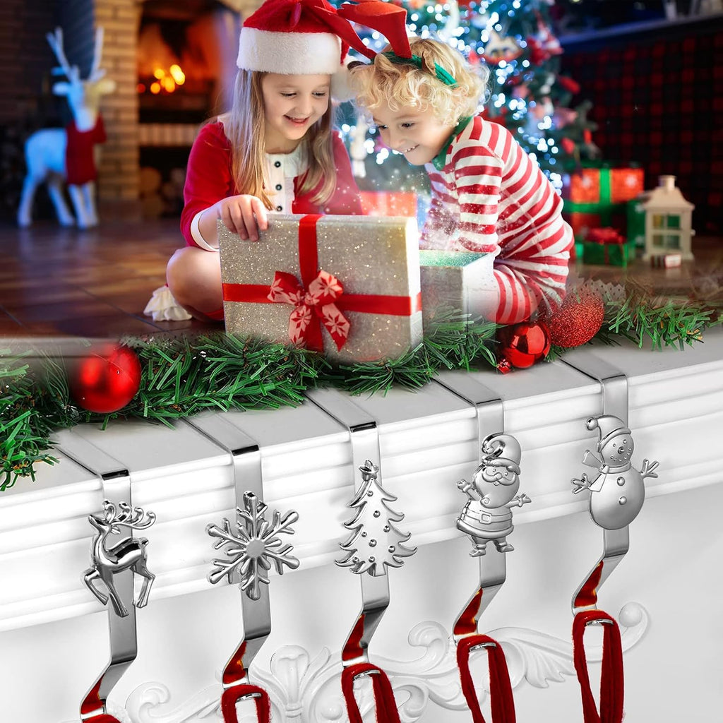 Holders for Mantle, Set of 5 Christmas Stocking Holders for Fireplace, Stocking Hangers for Mantel, Snowflake