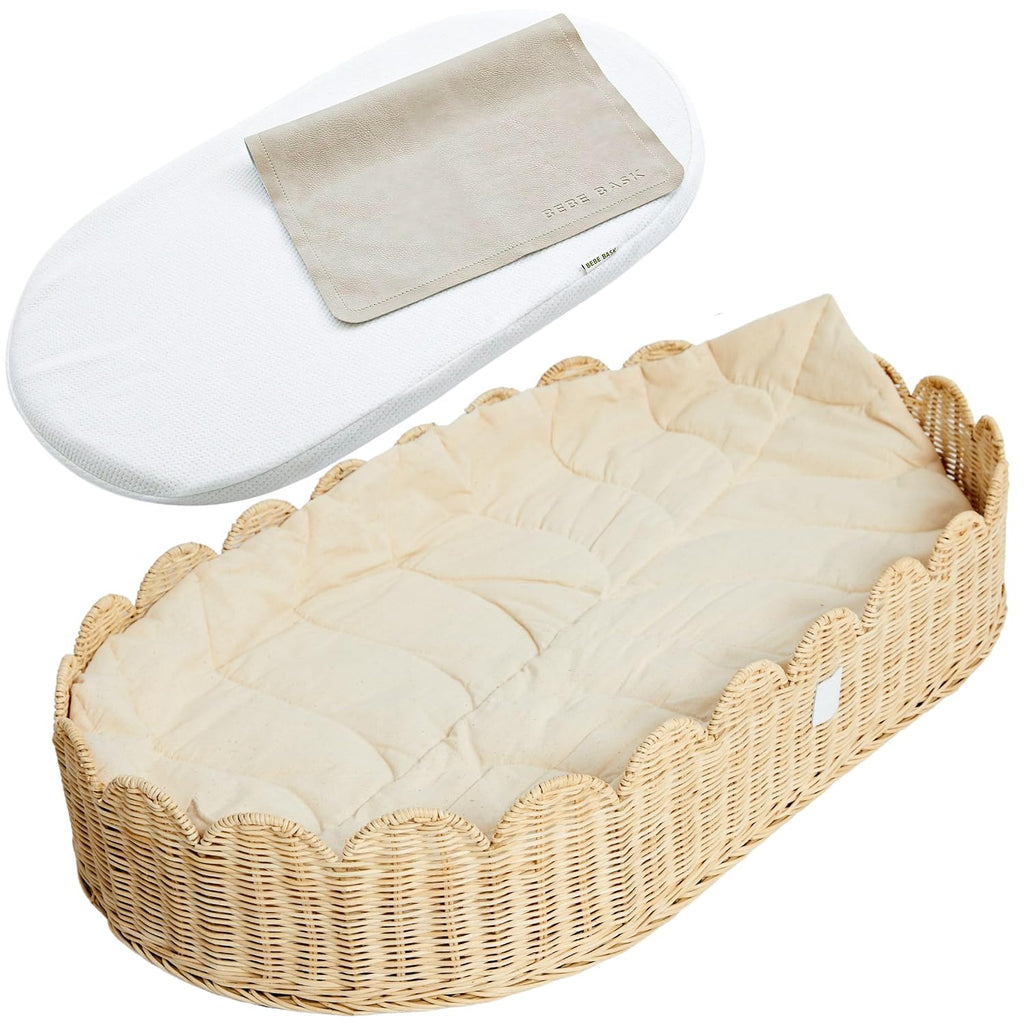 Premium Baby Changing Basket - Artisan-Crafted Scalloped Rattan - Changing Basket for Baby Dresser - All Accessories