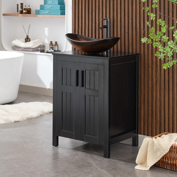 24-Inch Modern Bathroom Vanity with Vessel Sink – Fluted Double-Door Cabinet with Tempered Glass Basin, Black