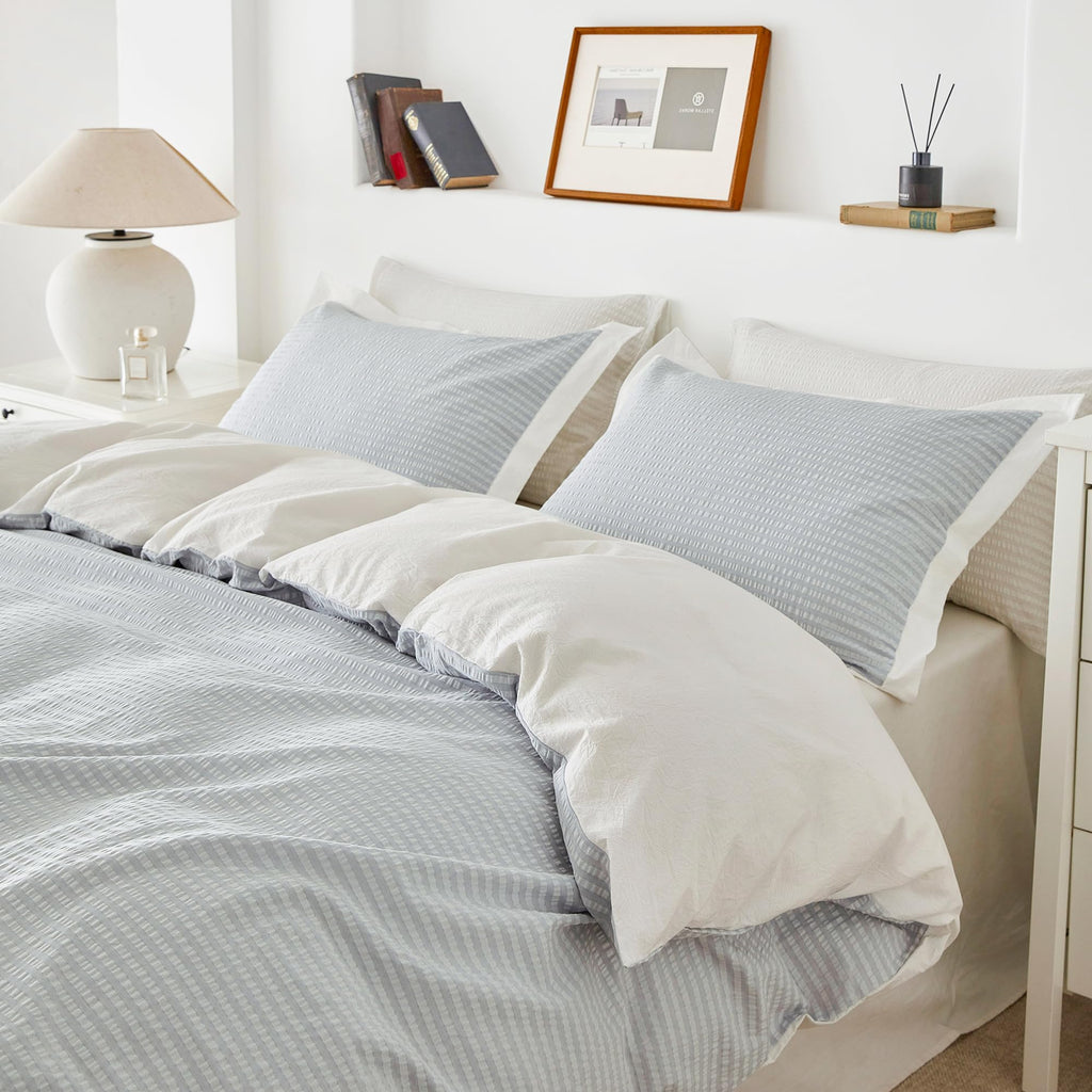 Light Blue Seersucker Duvet Cover 100% Cotton 3 Pieces Set