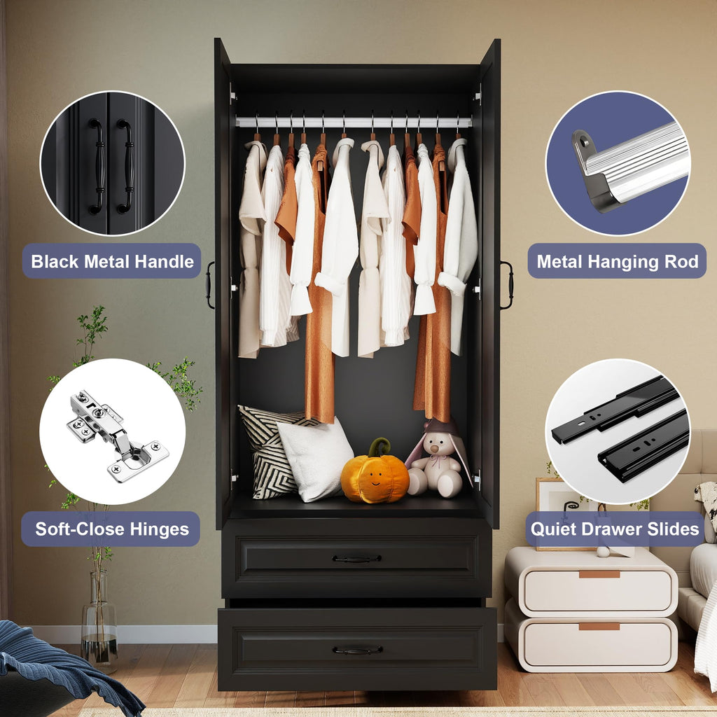 Black Wardrobe Closet with 4 Drawers and 4 Doors, 75" H x 63" W