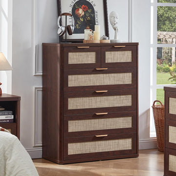 Dresser, 41" Tall Chest of Drawers, Modern 6 Drawers Boho Rattan Dressers with Storage, Dresser Wooden Closet