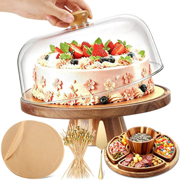 Acacia Wood Cake Stand with Lid, Charcuterie Board for Dessert, snack