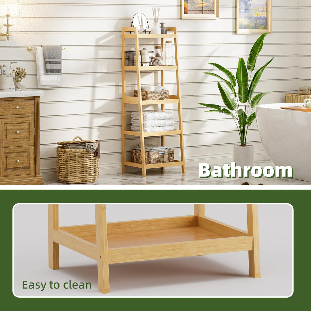 Bookshelf, 5 Tier Ladder Bookcase with Bamboo Frame, Freestanding Tall Narrow Display Plant Shelf, Balcony, Natural