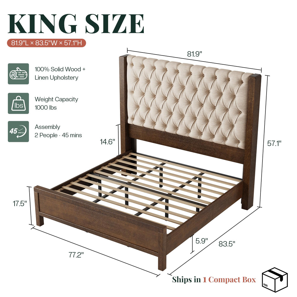 Solid Wood King Size Bed Frame 57" Tall Wingback Headboard, Walnut