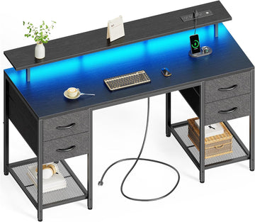 55 inch Computer Desk with Power Outlets & 4 Drawers | Gaming Desk with LED Lights, Home Office Desk with Large