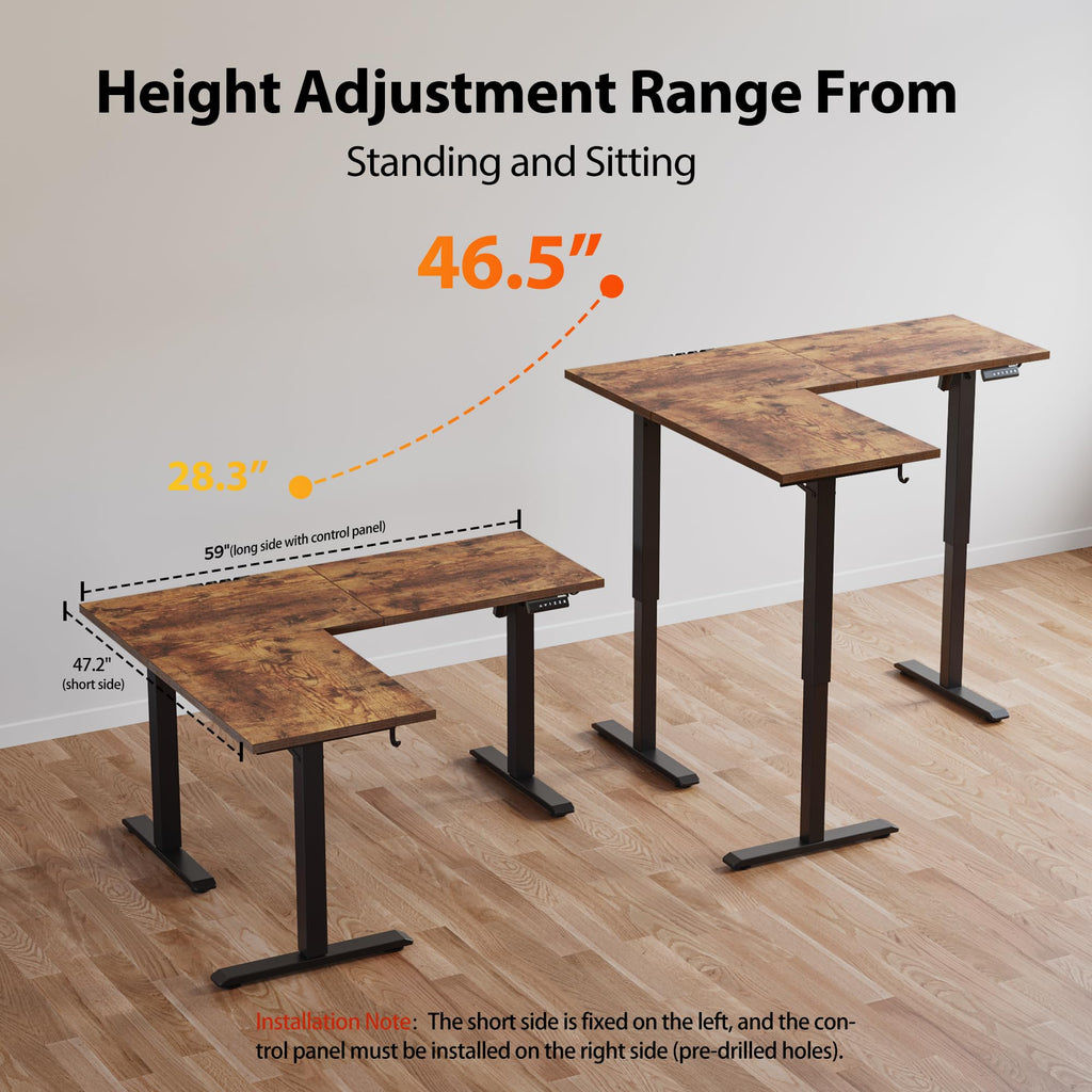 L Shaped Standing Desk Adjustable Height, 59 Inch, Dark Walnut