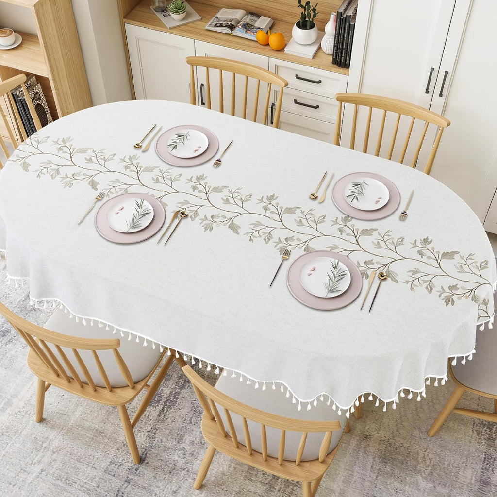 Solid Embroidery Oval Tablecloth with Tassels for Oval Table, 52 x 70 Inch Lace Dust-Proof Table Cov