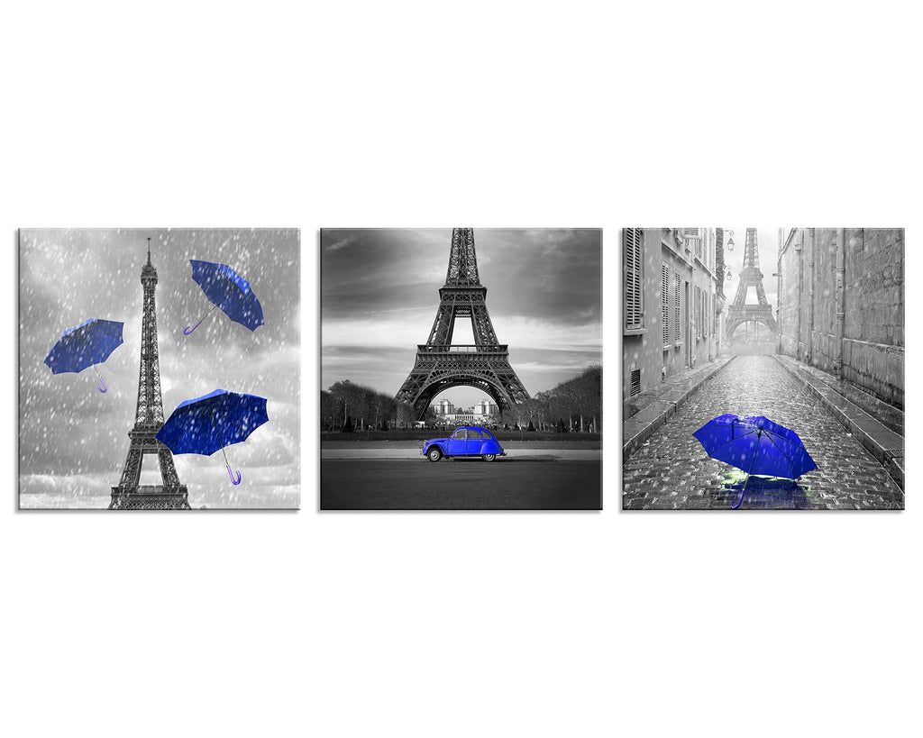 3 Pcs Black and White Canvas Wall Dark Blue Paris Theme Bedroom Bathroom Girls Room Decor Blue Umbrella Print