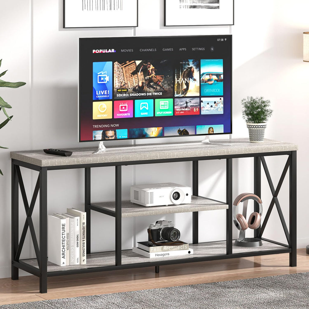 Modern TV Stand for TV up to 65 Inch, Rustic Wood Entertainment Center with Storage Shelves, Industrial Media TV
