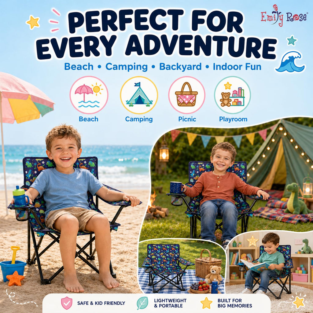 Playful Dinosaurs Kids Folding Camp Chair - Lightweight Portable Toddler Beach Chair Ages 2-7 with Safety Lock Cup