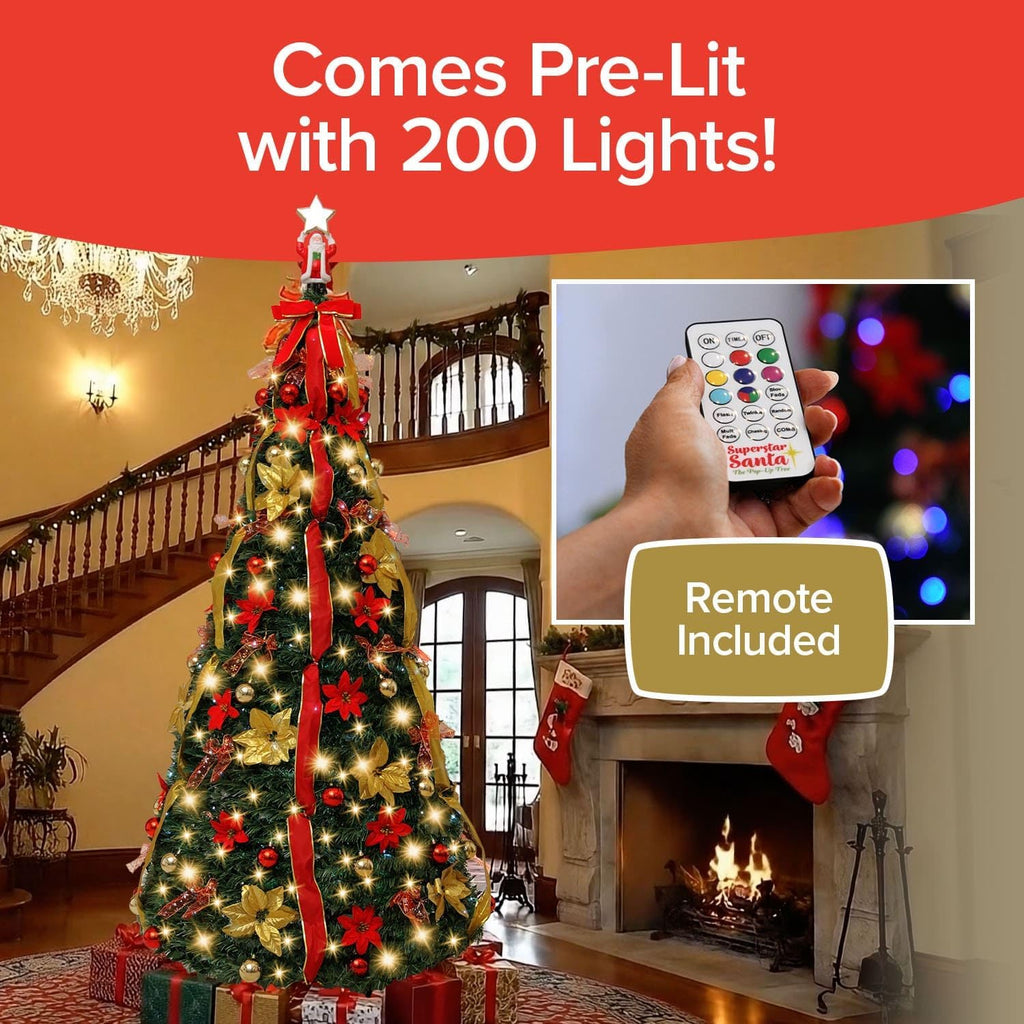 Superstar Santa Pop-Up Christmas Tree, 7FT, Pre-Lit w/ 200 LED Lights, AS SEEN ON TV, Santa Projects North Star