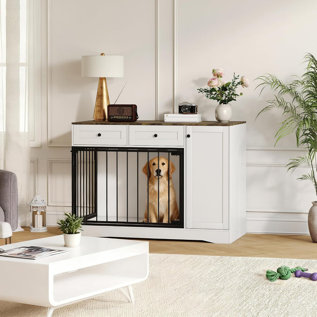Dog Cage Furniture, 47 Inch Modern Double-Door Indoor Kennel with Farmhouse-Style Dog Cage Featuring Dual-Drawer