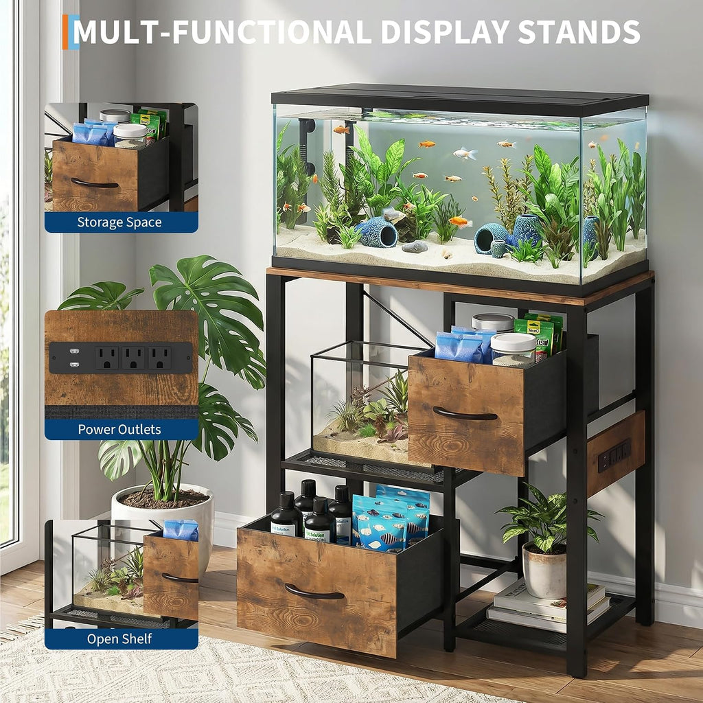 20-29 Gallon Fish Tank Stand, Aquarium Stand Shelf with 2 Drawers and Power Outlet, Heavy Duty Metal Frame, for Fish