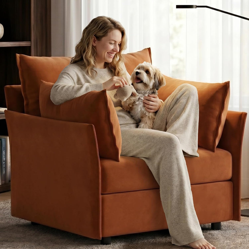 Oversized Velvet Accent Chair with Removable Covers, Extra Deep Seat & Wide Reading Chair with 2 Pillows , High Back