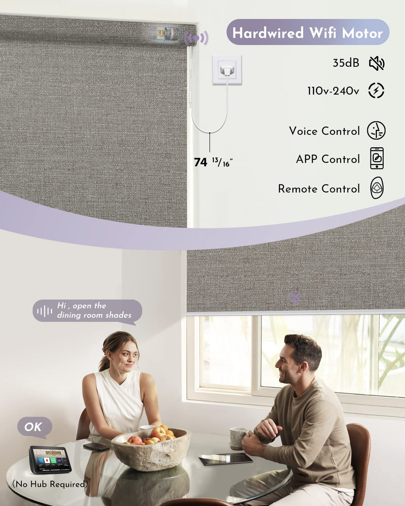 Motorized Shades 100% Blackout Compatible with Alexa Google WiFi Hardwired Smart Roller Shade Remote Control