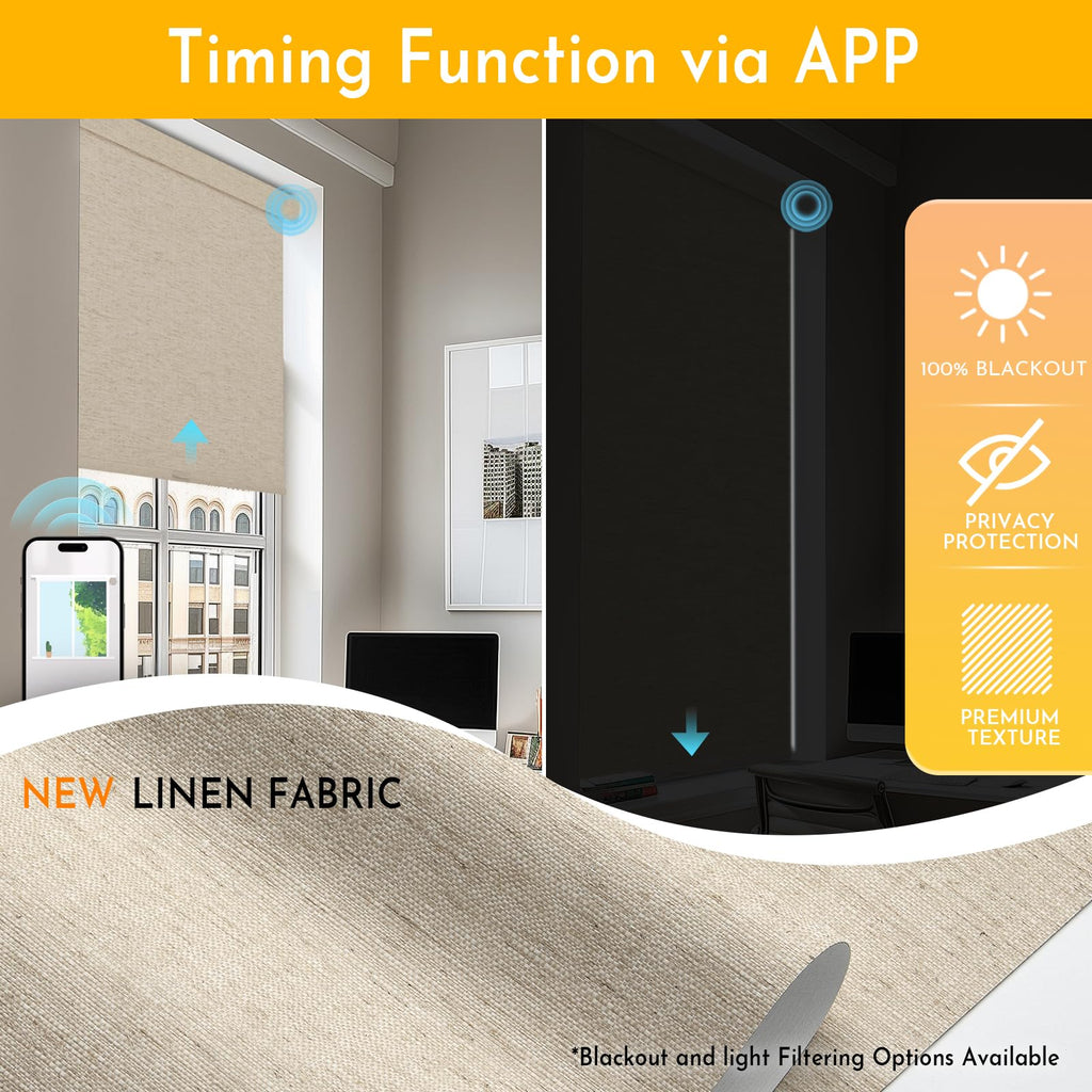 Smart Motorized Blinds with Remote, No Drill Automatic Roller Shades for Indoor Windows, Blackout Linen Fabric