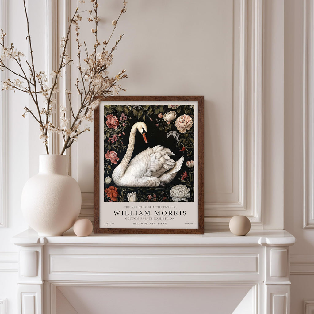 Art William Morris Poster - White Swan and Flowers Print - Botanical Art - Flower Artwork - Exhibition Piece - Animal