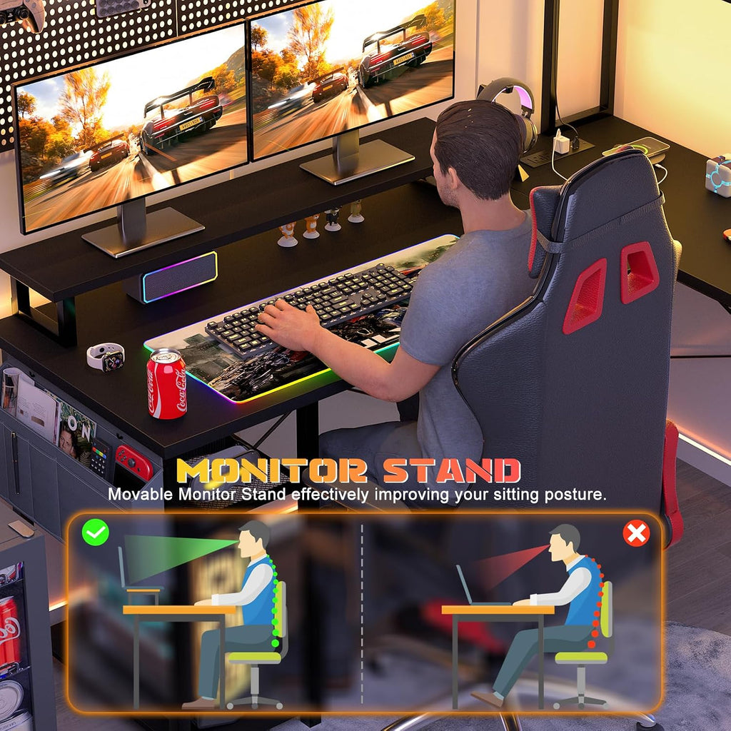 Small L Shaped Desk Gaming Desk with LED Lights & Power Outlets | Reversible L-Shaped Computer Desk with Monitor