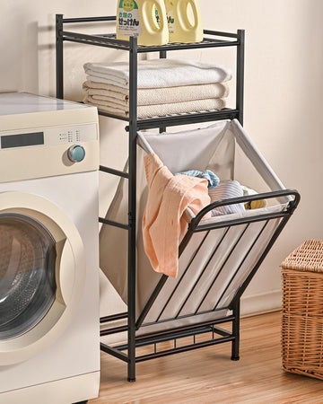 Tilt Out Laundry Hamper with Shelf, Laundry Basket Laundry Hamper Cabinet with Removable Liner Bag, 65 Liter, 15.8L x