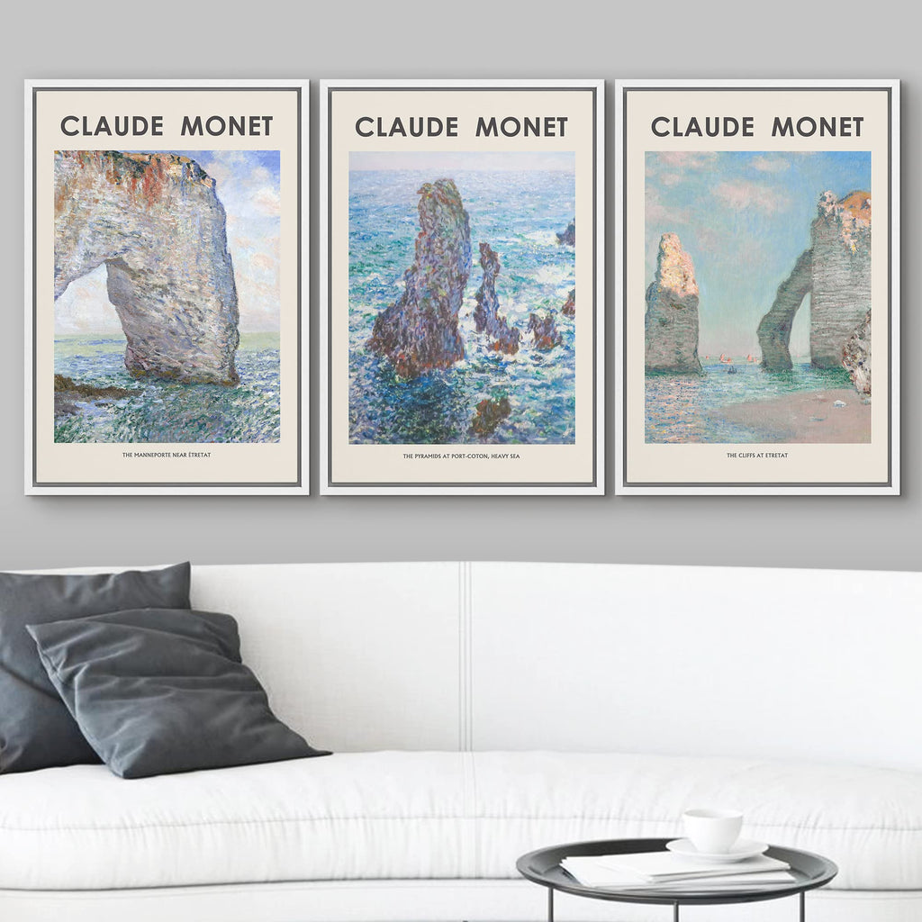 Framed Canvas Wall Art Print Set Beach Ocean Cliffs in France by Claude Monet Nature Wilderness Illustrations Modern