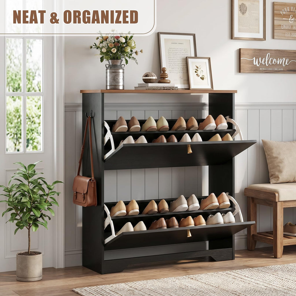 Shoe Cabinet, 2 Flip Drawers Slim Black Walnut Top Entry Storage