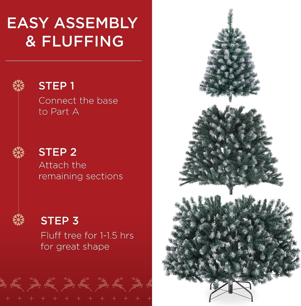 Artificial Frosted Christmas Tree, Premium Pre-Lit Realistic Spruce Holiday Décor w/Dense Branches, Metal Base