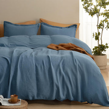 100% Cotton Muslin Duvet Cover, 3-Layer Guaze Ultra Soft Breathable Textured Linen Like, 3pcs Bedding