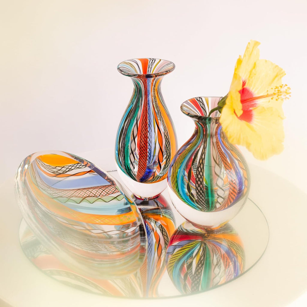 Murano Style Glass Vase Hand Blown Colored Canes Boho Effect Home Decor | Hand Blown Glass Vase, Decorative Table