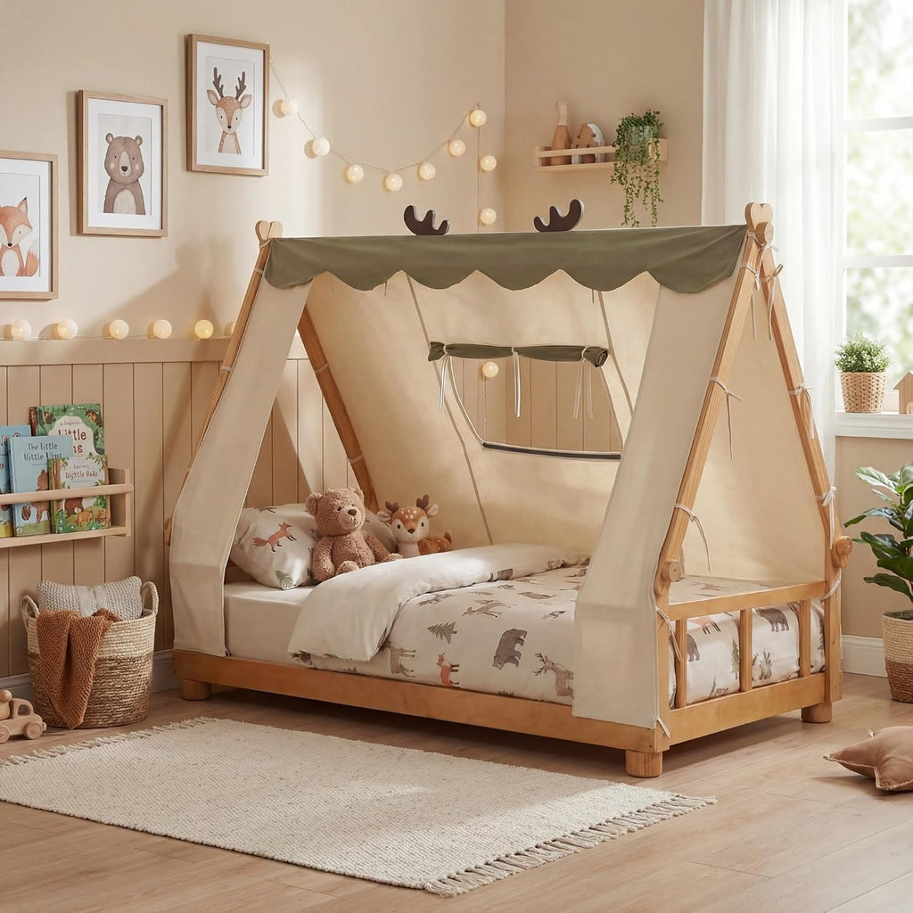 Twin Floor Bed for Kids, House Wood Bed Frame with Tent, Window, Fence Guard Rails, & Wooden Slat Support, No Box