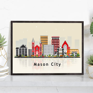 Mason City Poster, Mason City Iowa Illustration Skyline City Poster, Modern Skyline State Poster, Cityscape and