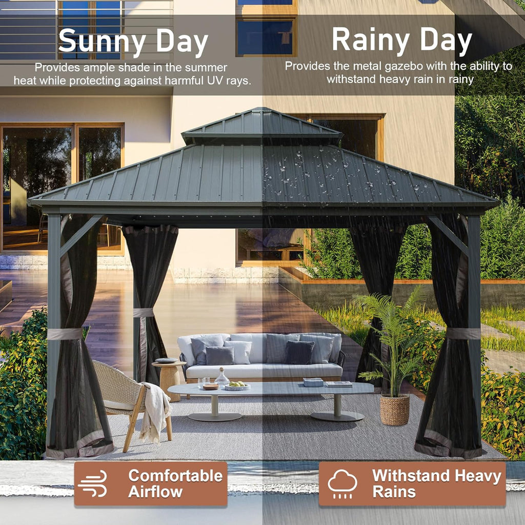 12’ x 12’ Hardtop Gazebo, Outdoor Aluminum Gazebo with Galvanized Steel Double Roof Canopy